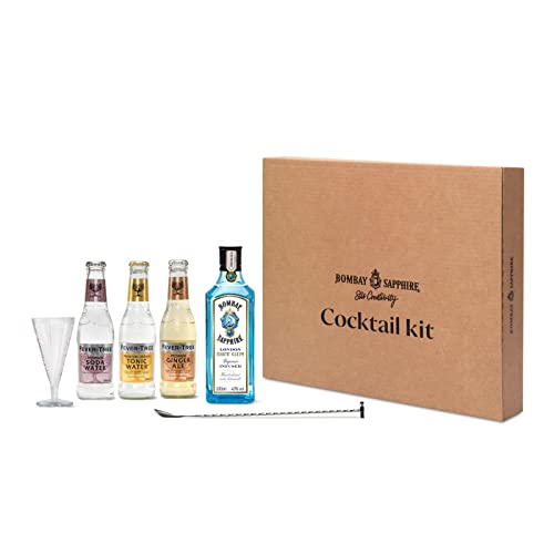 Bombay Sapphire Pack de coctelería de regalo: botella de Bombay Sapphire London Dry Gin (50 cl), 3 Fever Tree Mixers (20 cl), cuchara de bar y medidor Easy Jigger