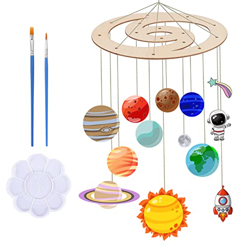 DKINY Sistema solar de madera Modelo de planetas de madera kit de manualidades de madera para niños con pinceles de pintura y Mini mini paleta de mezcla fibra de oro Manualidades de sueño astronómico
