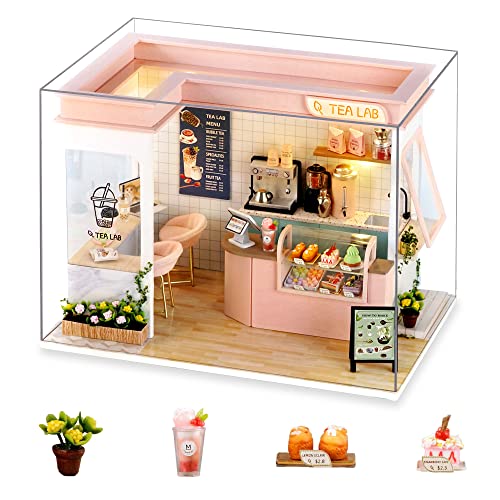 Cuteefun Casa en Miniatura para Montar, Casa de Munecas Miniatura con Muebles, Kit de Casas de Manualidades DIY con Herramientas, Idea de Regalo Creativa (Laboratorio De Té)