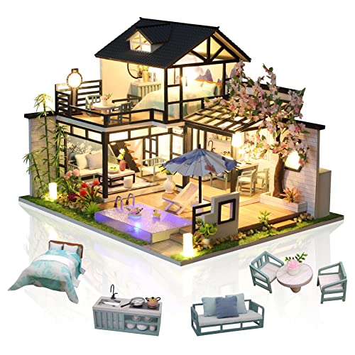 Cuteefun Casa en Miniatura para Montar, Casa de Munecas Miniatura con Muebles, Kit de Casas de Manualidades DIY con Música Herramientas, Idea de Regalo Creativa (Patio Poético)
