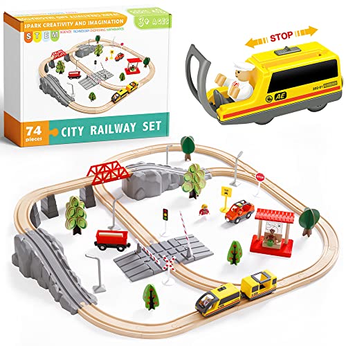 Juego de trenes de juguete con tren a pilas y rieles de madera -74Pcs- Se adapta a Thomas, Brio, Chuggington y otras marcas importantes- Juguetes para niños para niños y niñas de más de 3 años