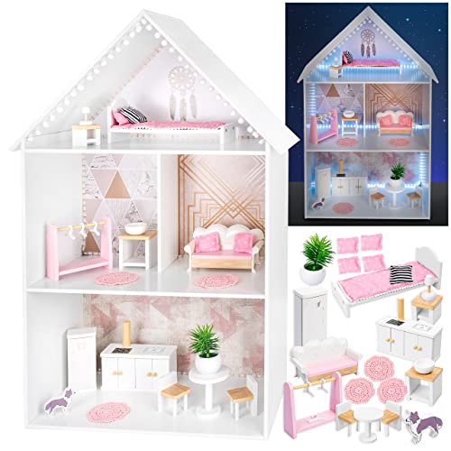 Kinderplay Hermosa Casa de Muñecas Grande de Madera – Casa de Madera, Muñecas Barbie, el Conjunto Incluye 25, Accesorios, GS0077