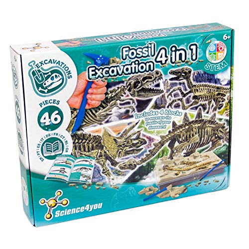 Science4you - Excavaciones Fósiles 4 en 1 - Juguete Científico y Educativo con Dinosaurios para Niños +6 Años
