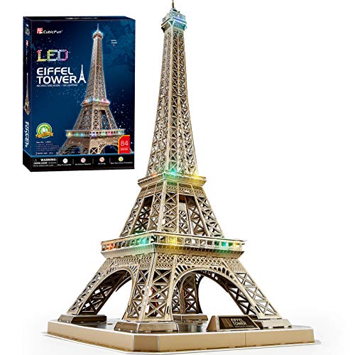 CubicFun Puzzle 3D LED Torre Eiffel Francés Landmark Maquetas para Construir Gran Arquitectura Kits de Construcción Decoración del Hogar Regalo para Adultos y Niños, 84 Piezas