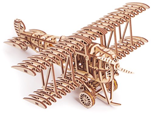 Puzzle 3D Madera - Avión biplano con movimiento mecánico